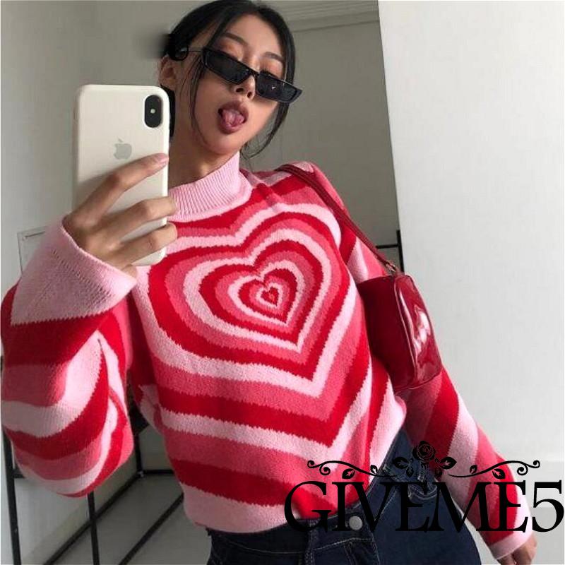 Áo len tay dài cổ tròn in họa tiết trái tim thời trang dành cho nữ