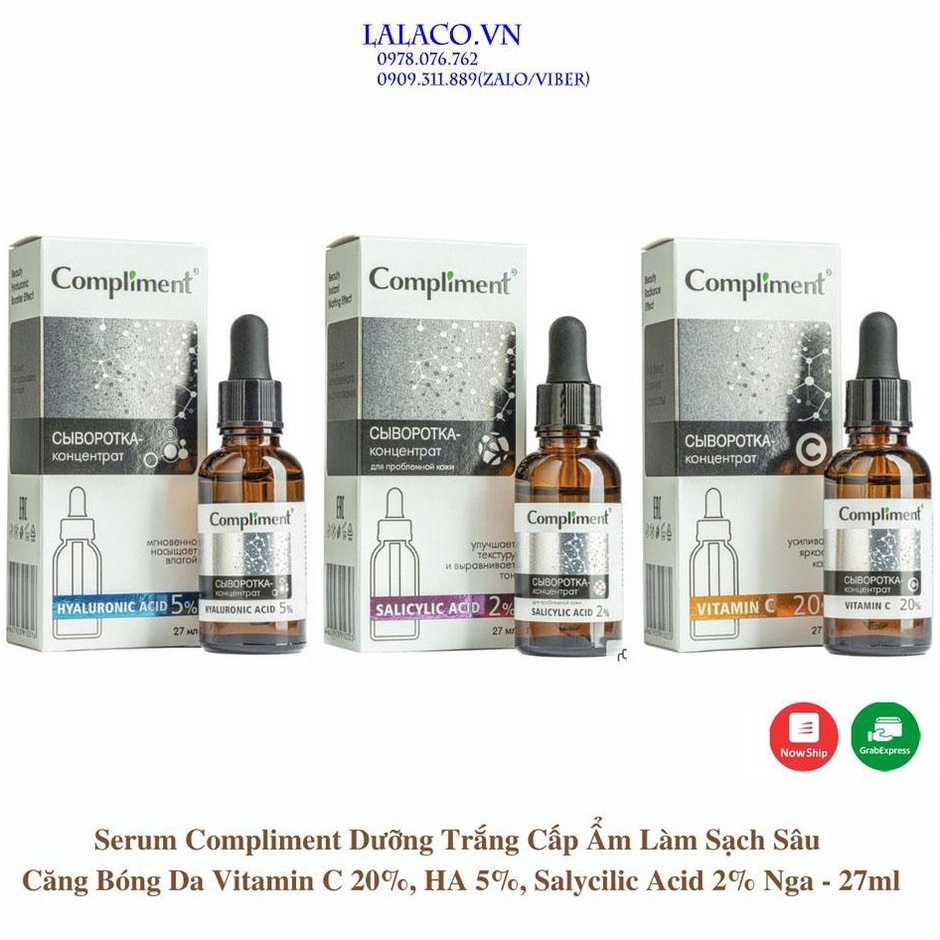 Serum Compliment 2% BHA Salicylic Acid Hyaluronic Acid B5 5% Vitamin C 20% Làm Sạch Da, Giảm Mụn Trắng Da Căng Bóng 27ml