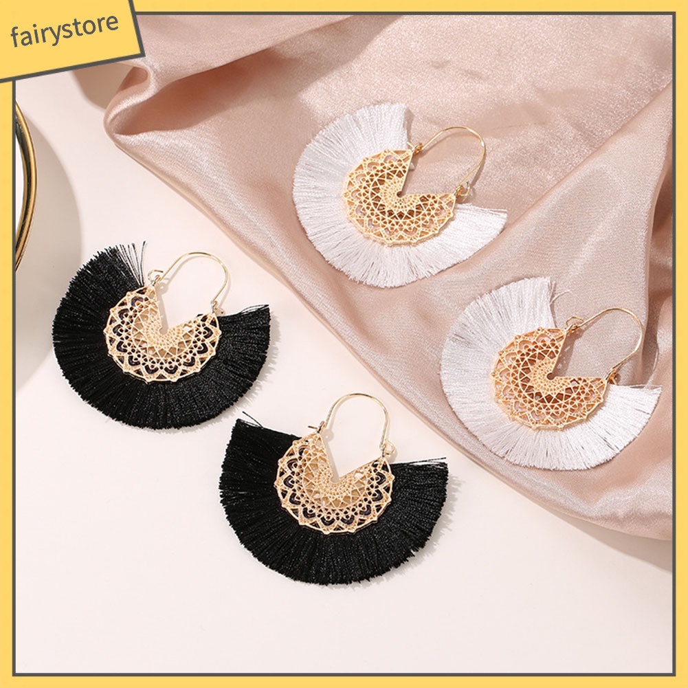 Khuyên Tai Dáng Dài Hình Quạt Phối Tua Rua Phong Cách Bohemian Thời Trang