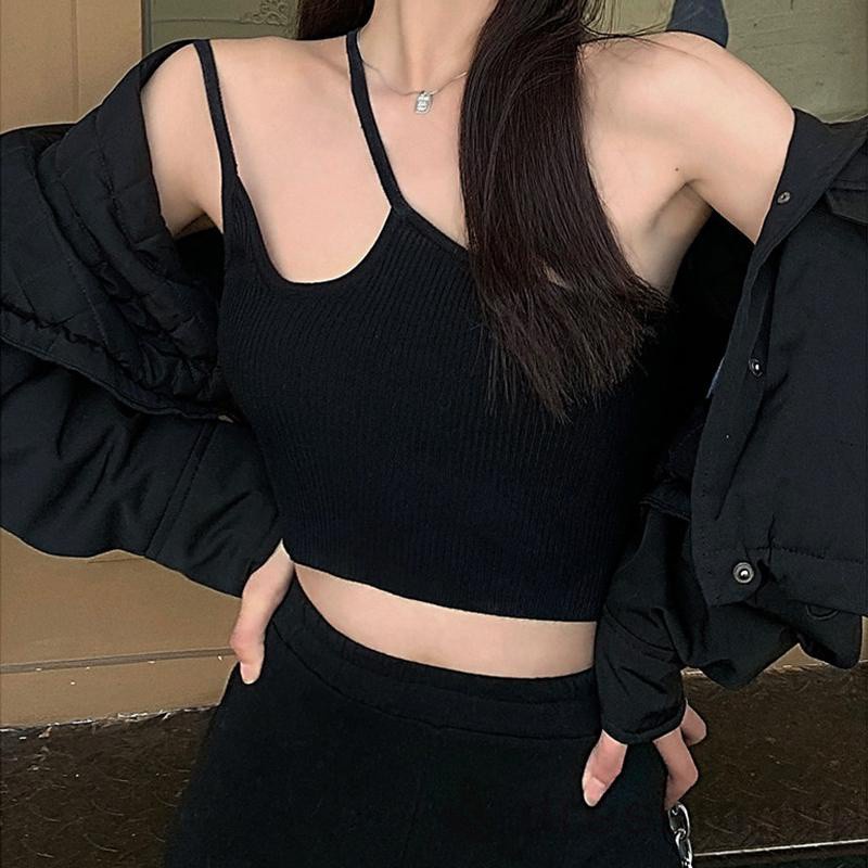 Áo croptop sát nách kiểu lệch vai màu trơn / đen / xanh lá / trắng / tím / hồng cho nữ