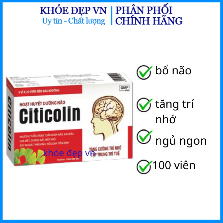 Hoạt huyết dưỡng não Citicolin giảm đau đầu, hoa mắt, chóng mặt - Hộp 100 viên