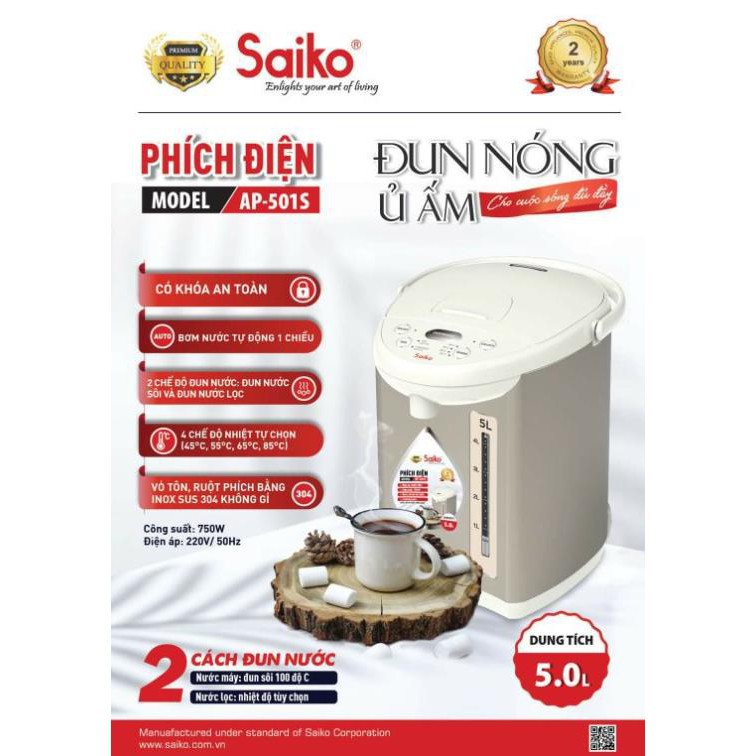 Bình Thủy Điện - Phích Điện Saiko AP-501S ( 5Lít) bảo hành 12 tháng