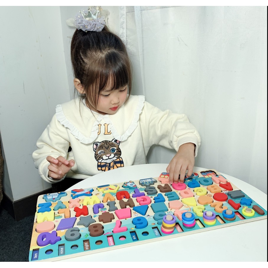 Bộ đồ chơi gỗ cao cấp 6in1 kết hợp ghép chữ, học số, câu cá kích thích trí thông minh của trẻ 134 chi tiết