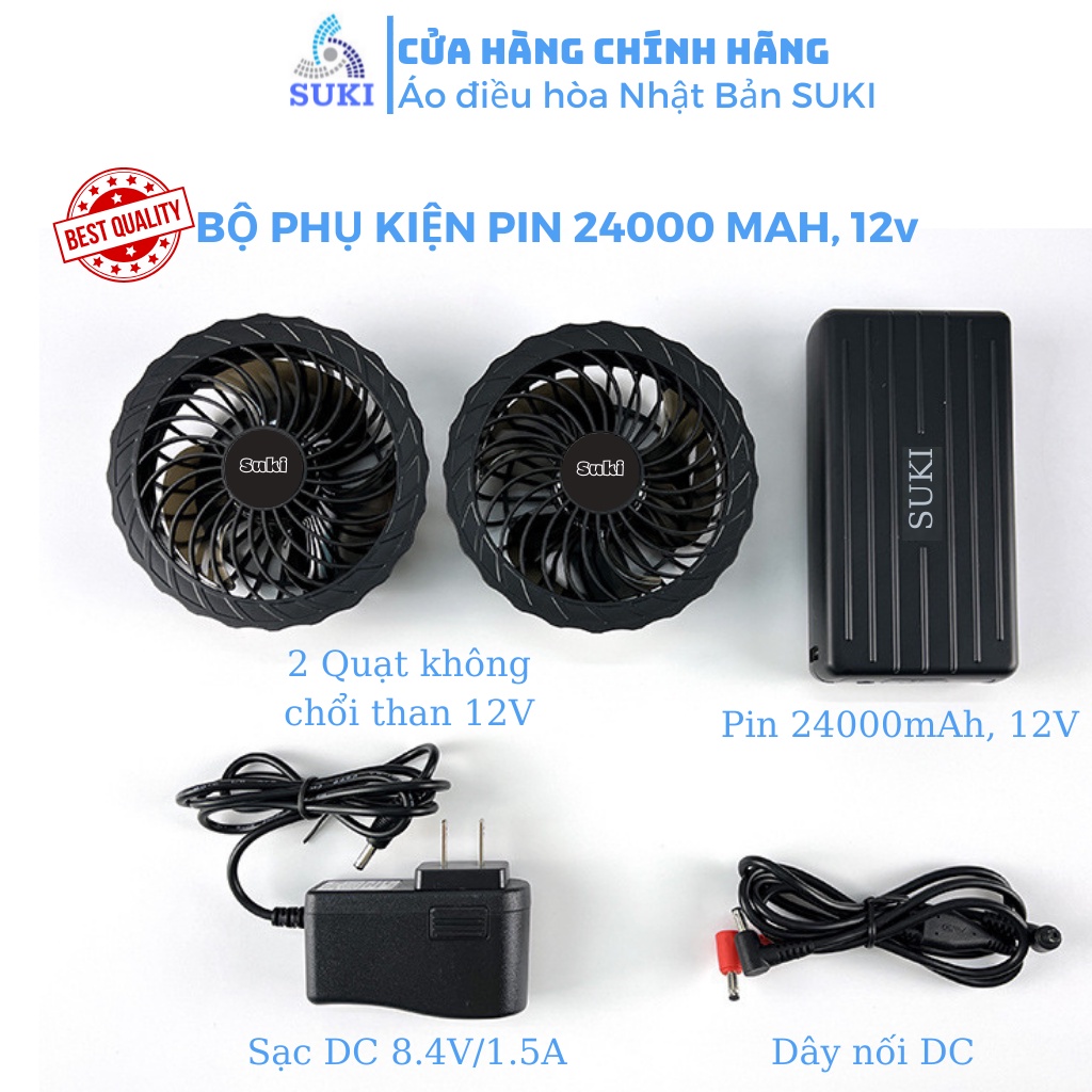 (Giảm giá sốc) Bộ phụ kiện áo điều hòa đầy đủ Pin 12V dung lượng khủng 24000mAh + 2 quạt không chổi than 12V