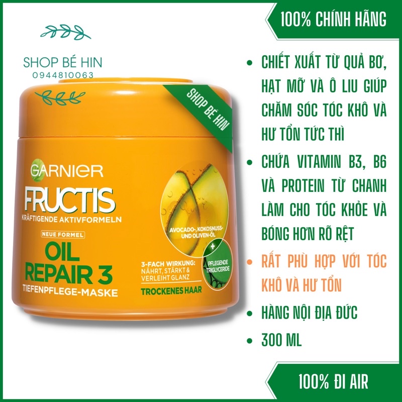 Kem ủ tóc Garnier Fructis Oil Repair 3 dành cho tóc khô và hư tổn, Hàng Đức chính hãng