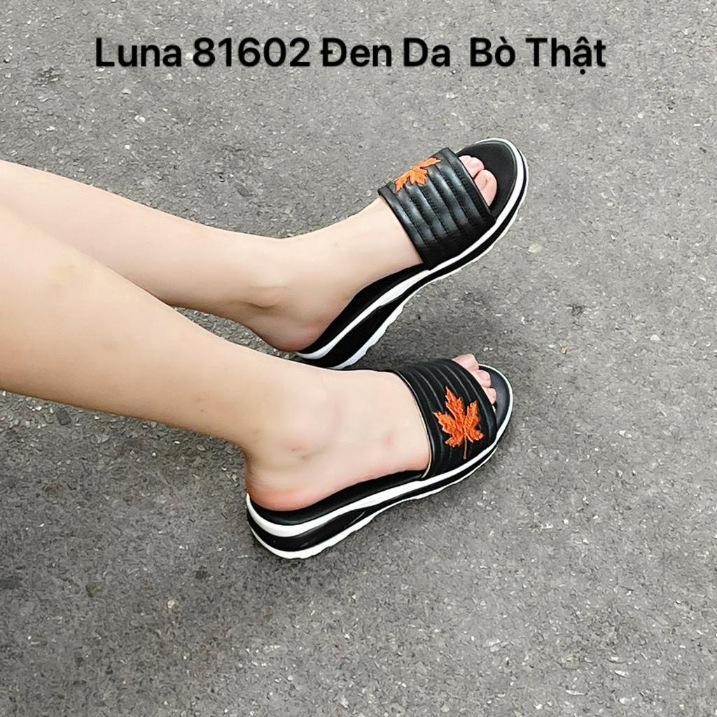 Dép nữ đế bánh mì cao 3p LUNASHOES 81602 quai ngang da bò thật êm chân hở mũi họa tiết hoa lá phối đồ đẹp