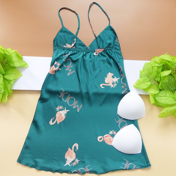 Váy ngủ lụa 2 dây hình hồng hạt xinh xắn có kèm mút ngực