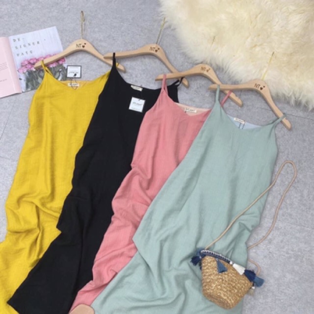 Đầm 2 dây nữ dáng suông vải đũi màu pastel form rộng vải mềm Bingshop