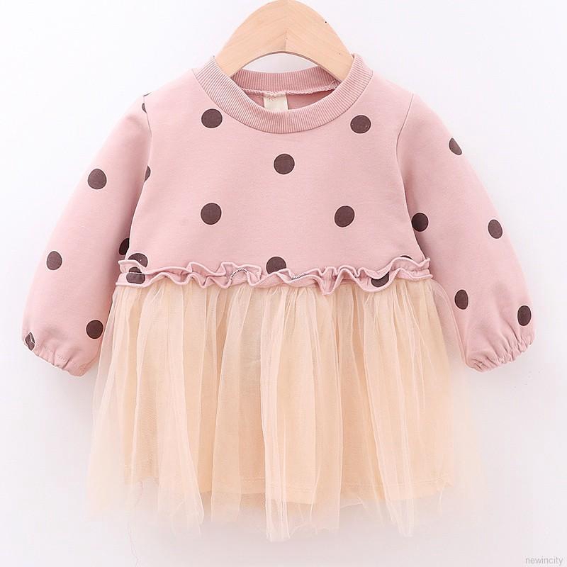 Đầm lưới chấm bi dài tay phong cách Hàn Quốc dễ thương dành cho bé gái