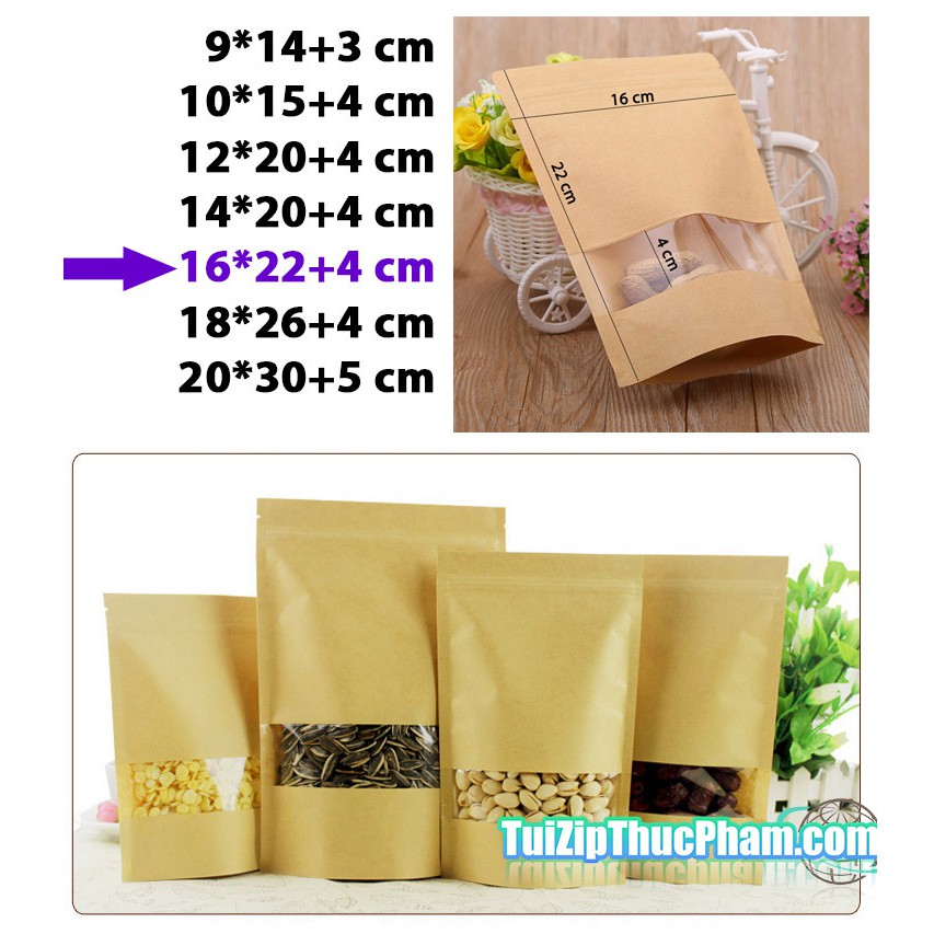 100 cái túi zip MIS size 16x22 cm đựng 300g bột mịn, túi zipper giấy kraft vàng có cửa sổ đựng thực phẩm chất lượng cao