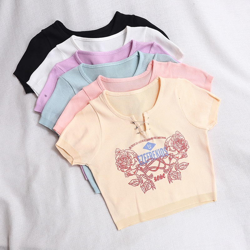 Cocory vn Áo Croptop Tay Ngắn In Họa Tiết Thời Trang Mùa Hè Dành Cho Nữ