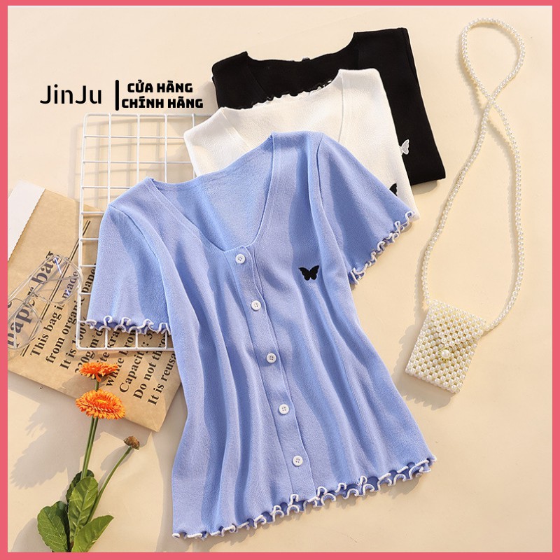 Áo croptop kiểu, áo sơ mi kiểu  tay ngắn dáng ôm co giãn free size cho nữ, chất len tăm cao cấp- JinJu | BigBuy360 - bigbuy360.vn