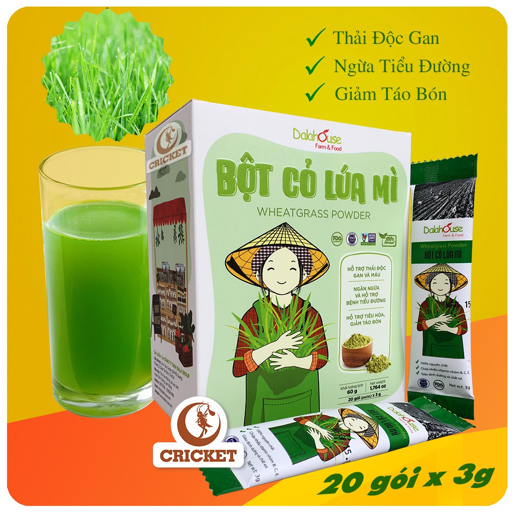 Bột Cỏ Lúa Mì Nguyên Chất Sấy Lạnh Dalahouse Hộp 60g (20 gói x 3g), giúp thải độc gan, hỗ trợ tiểu đường, detox cơ thể