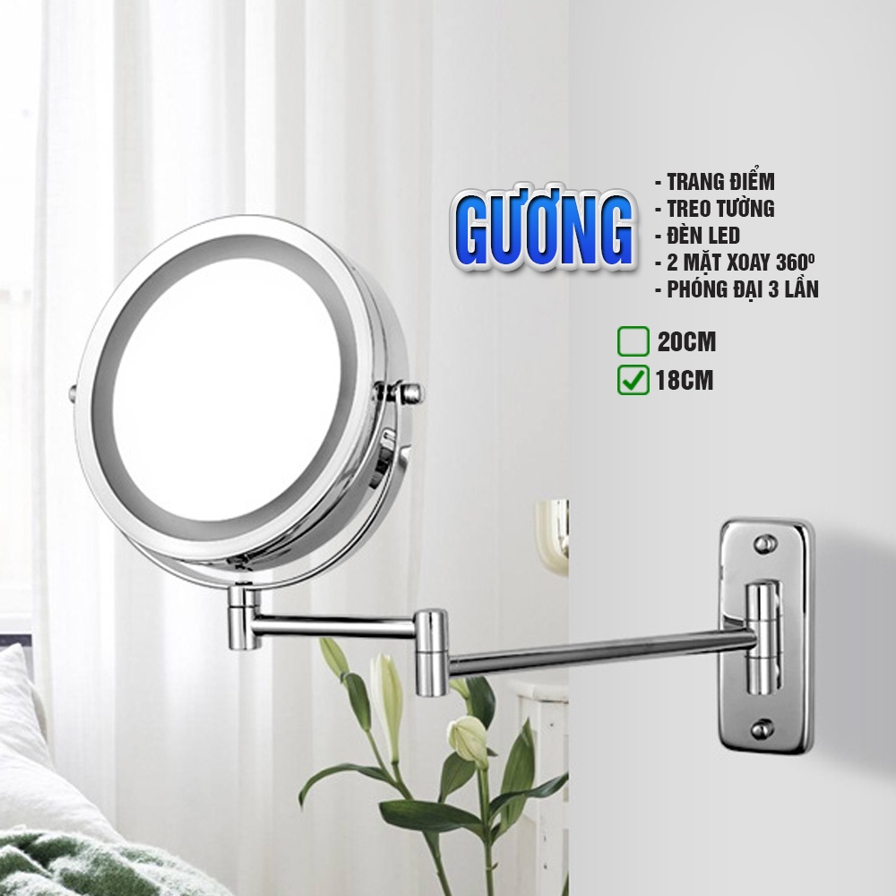 Gương trang điểm đèn LED phóng đại x3, xoay 360, 2 mặt, treo tường, đế chữ nhật Minh House