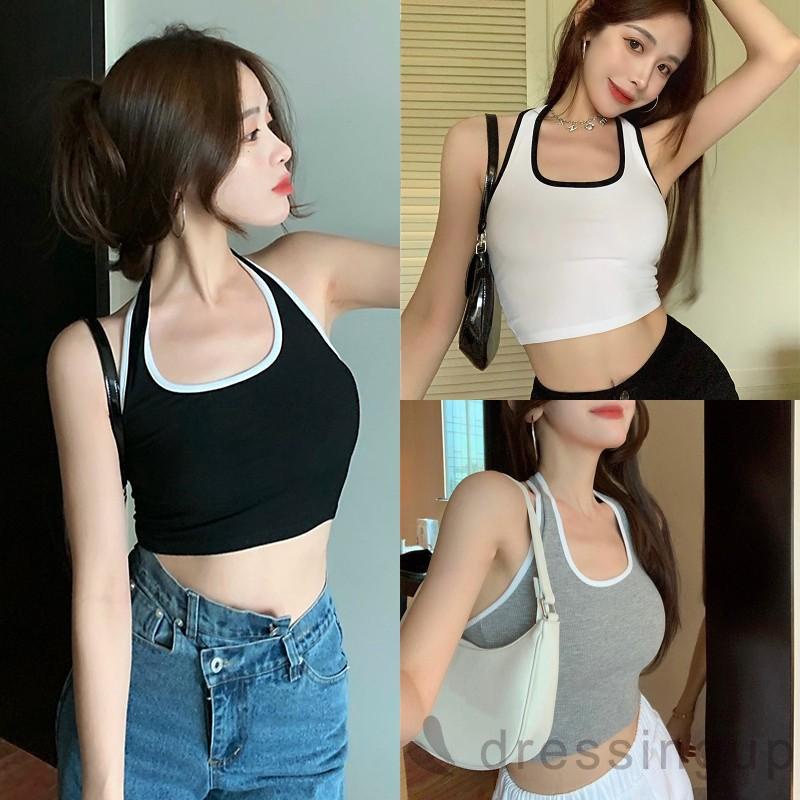 Áo croptop không tay hở lưng màu sắc tương phản thời trang mùa hè cho nữ