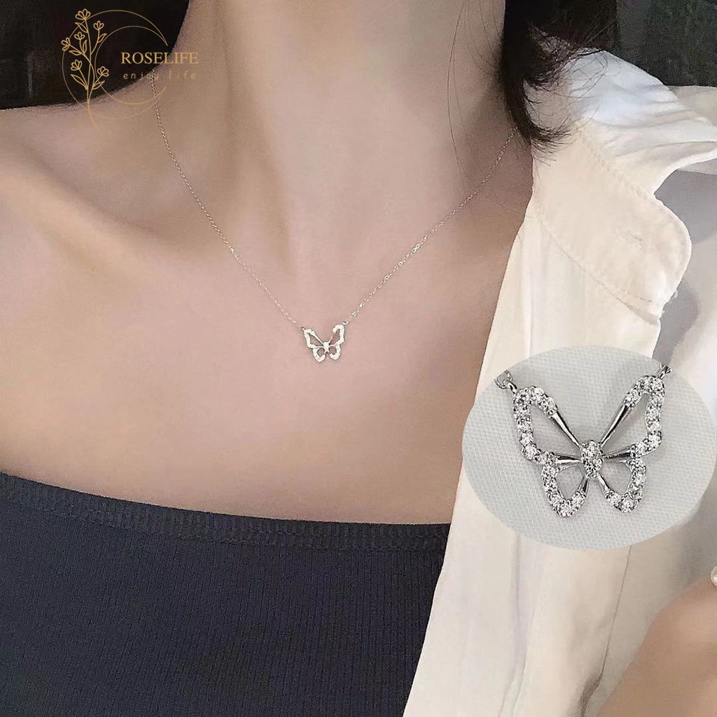 Dây chuyền choker ngắn mặt hình bướm đính đá pha lê phong cách Hàn Quốc cho nữ