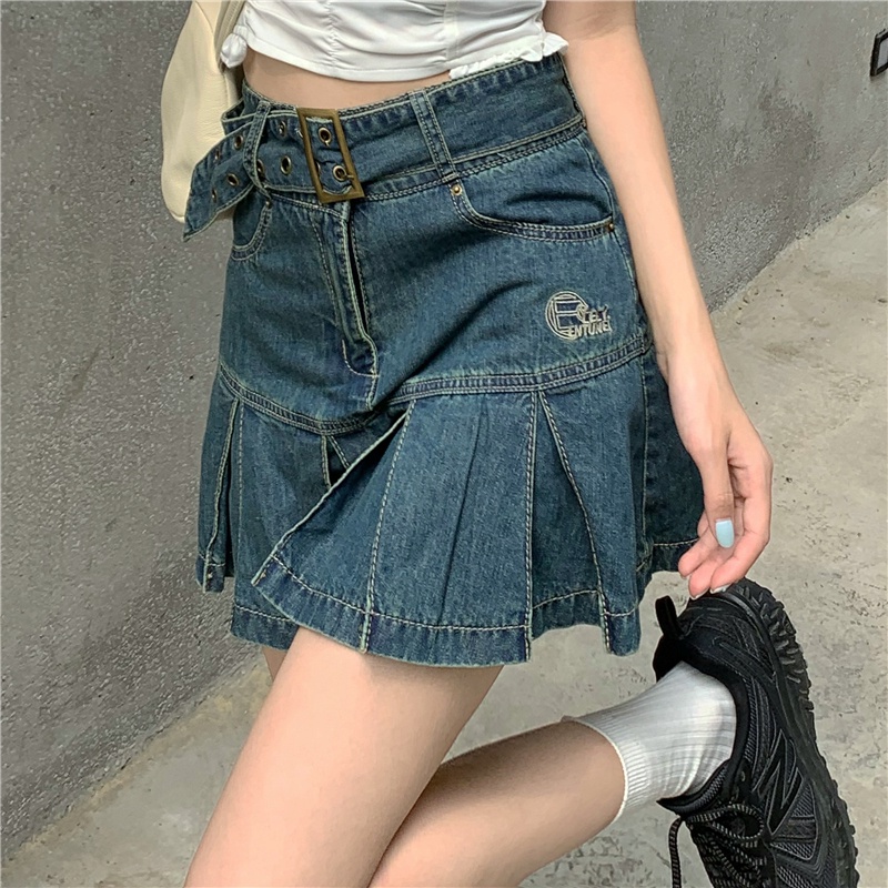 Porozi Chân váy jean ngắn lưng cao xếp ly phong cách thời trang Hàn Quốc cho nữ