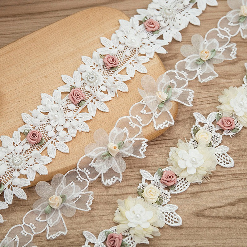 Cuộn Dây Ruy Băng Thêu Hoa Hồng 1 Yard Đính Hạt Ngọc Trai Diy