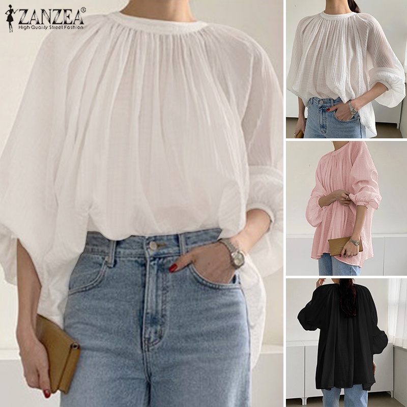 Zanzea Áo Kiểu Nữ Dài Tay Cổ Tròn Form Rộng Thời Trang