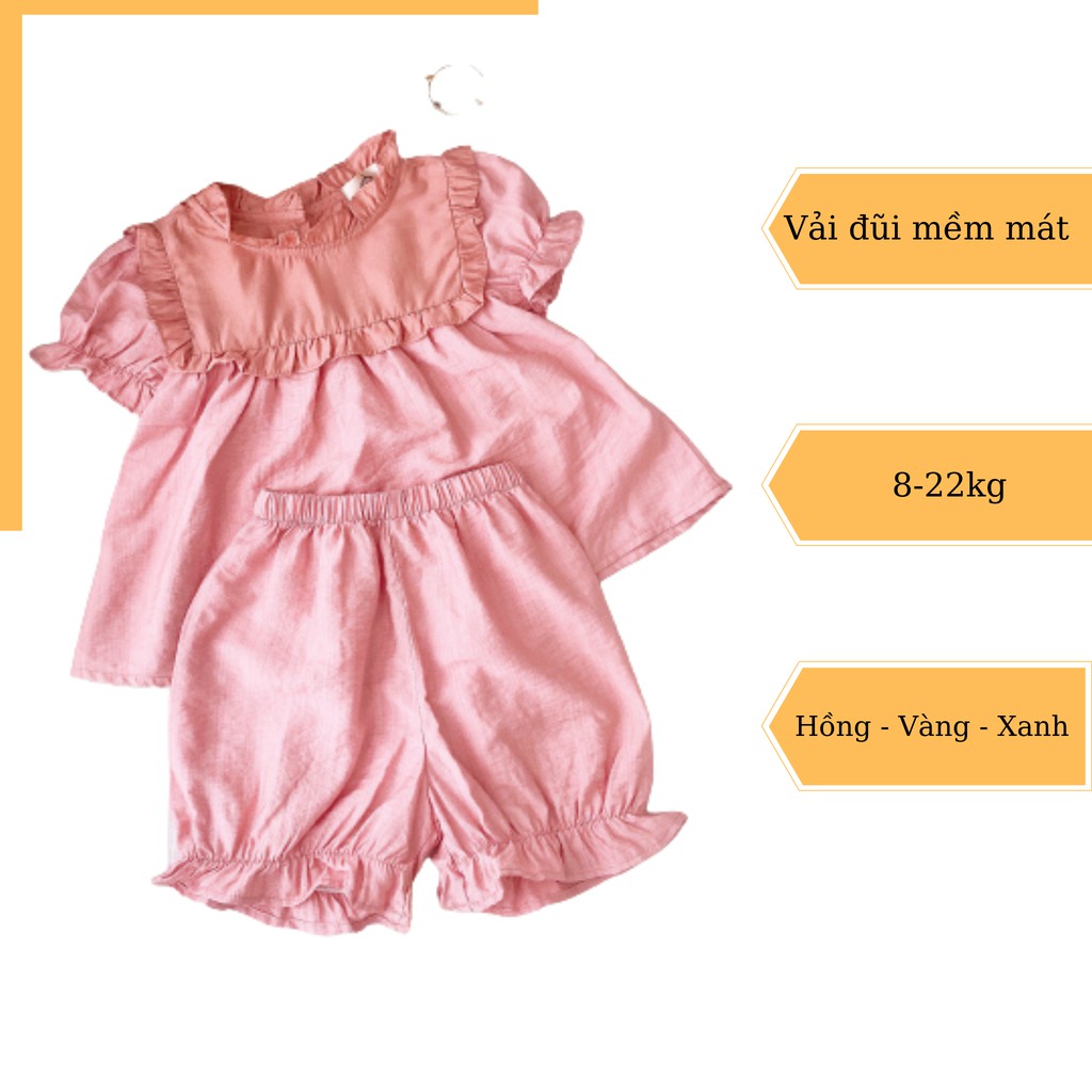 Bộ ngủ bé gái 8 tháng đến 6 tuổi cộc tay vải đũi 3 màu vàng, xanh, hồng