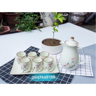 Bộ bình cốc sứ Bát Tràng vẽ hoa đào đỏ
