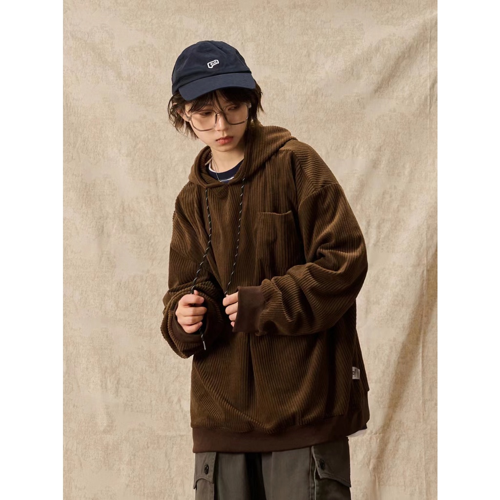 Áo Hoodie Nhung Áo Hoodie Dáng Rộng Phối Túi Thời Trang Retro Đơn Giản Cá Tính Cho Nam áo hoodie nữ form rộng