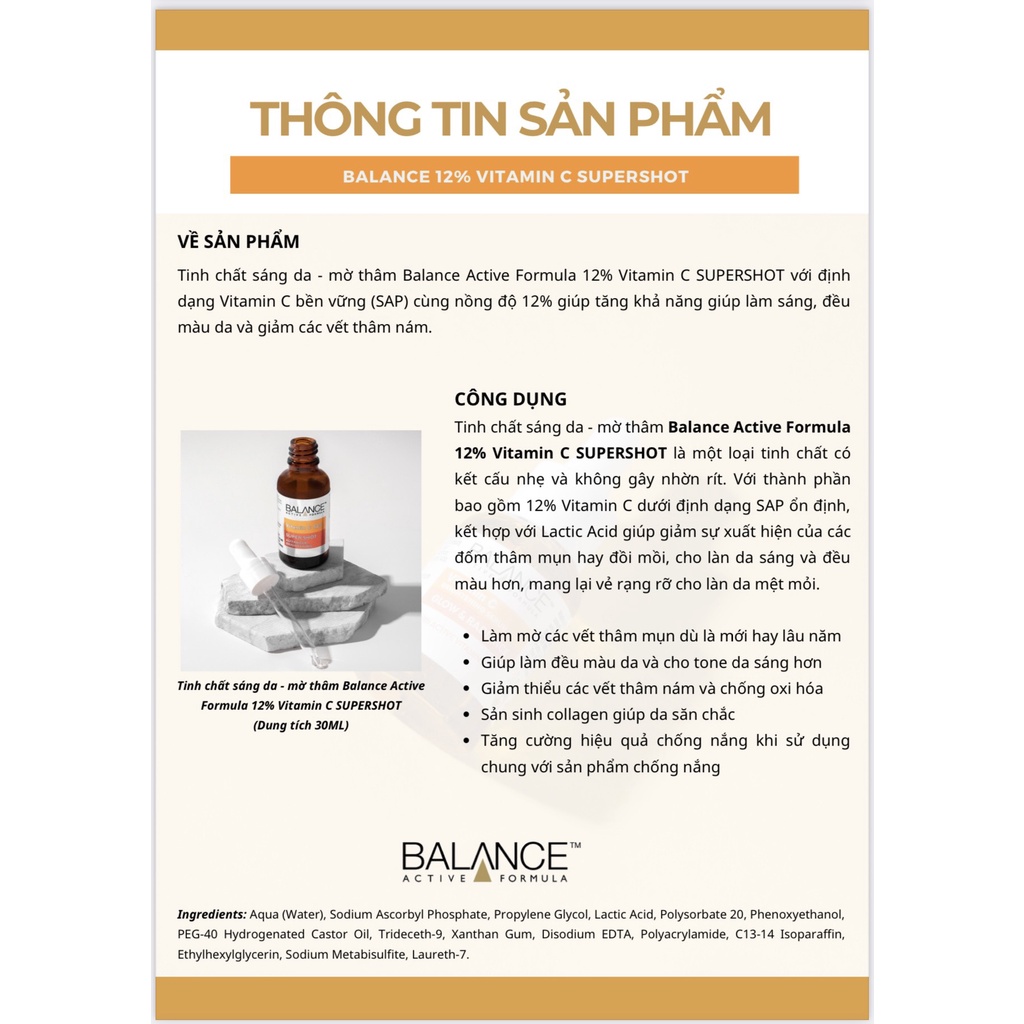 Tinh chất sáng da, mờ thâm Balance Active Formula 12% Vitamin C Supershot 30ml