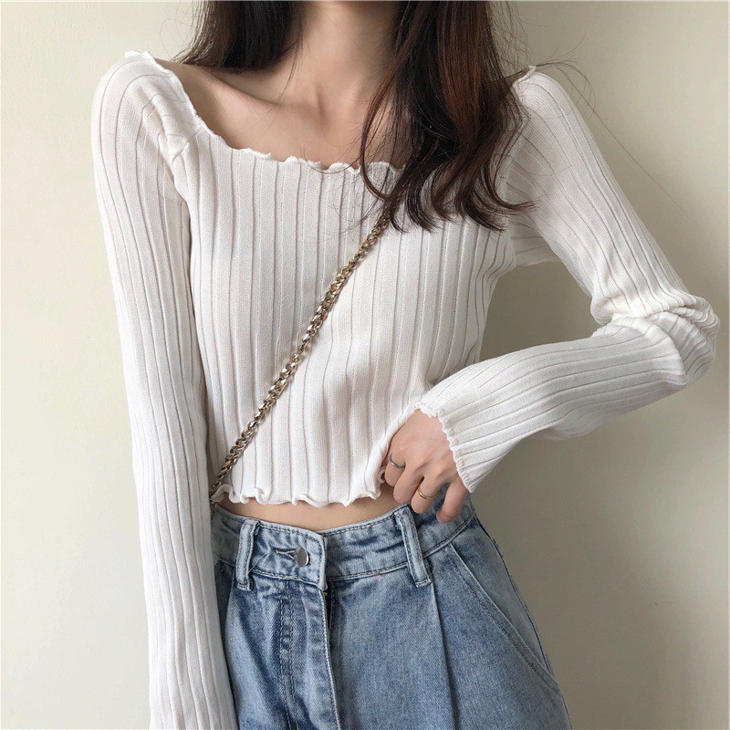 Áo croptop dài tay ulzzang ôm body trễ vai chất len tăm Hàn Quốc C64 - Maoshop