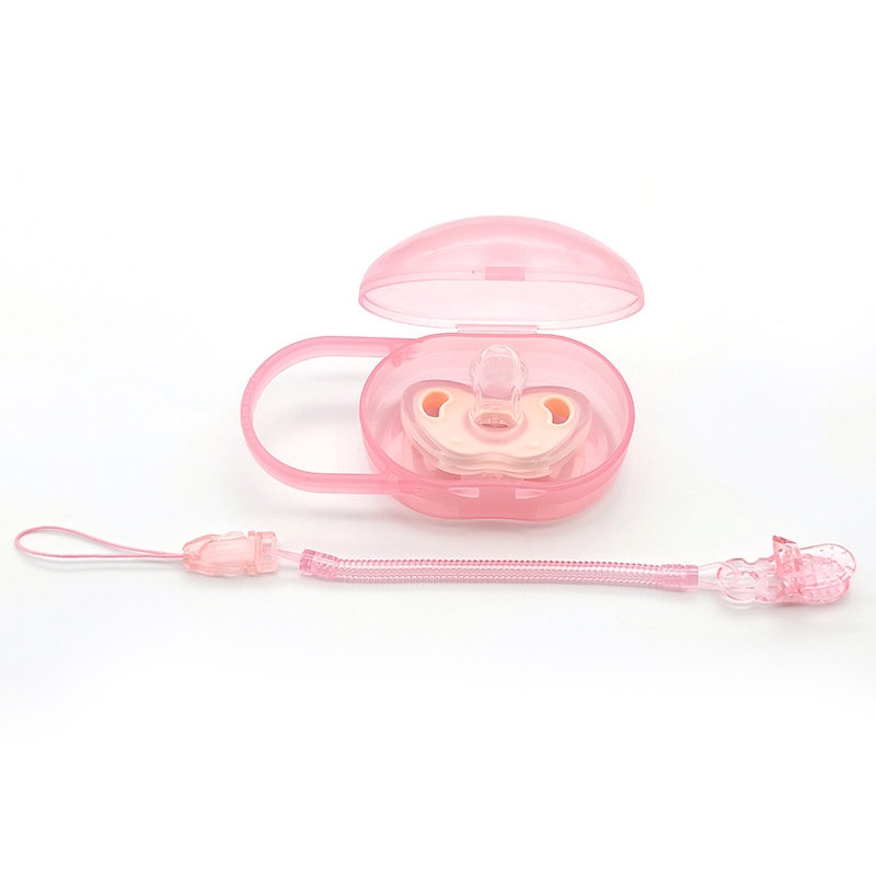 Núm Vú Giả Đầu Tròn Phẳng + Dây + Hộp Đựng Sữa Hình Táo Nhân Tạo Mềm Mại Không BPA Dành Cho Bé Sơ Sinh