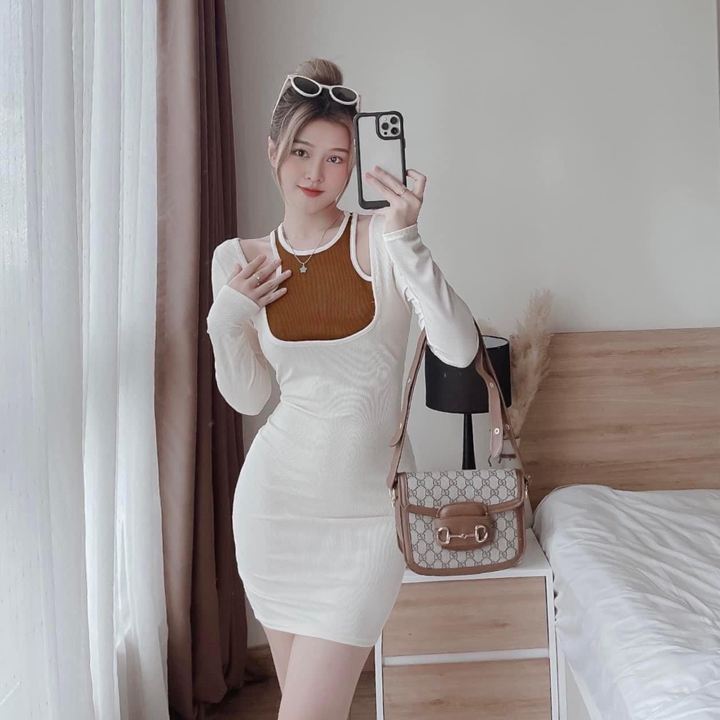Đầm Body Tay Dài Khoét Vai Phối Viền