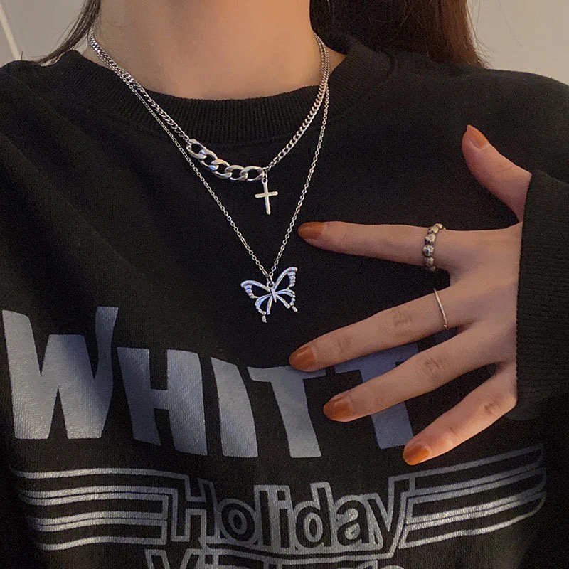 Vòng cổ choker mặt dây chuyền nhiều lớp hình bướm phong cách retro thanh lịch thời trang dành cho nữ