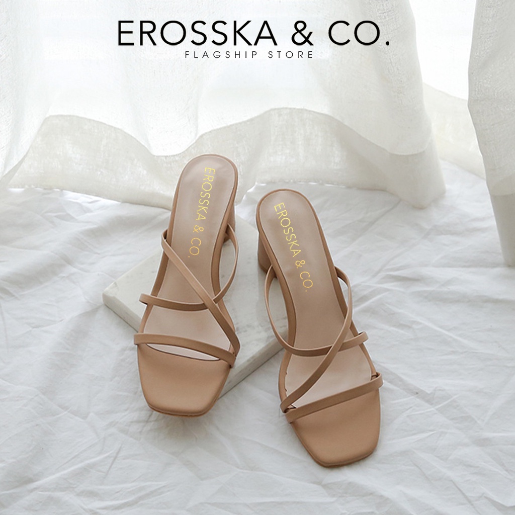 Erosska - Dép cao gót nữ mũi vuông phối dây quai mảnh sang trọng cao 5cm màu nâu - EM092