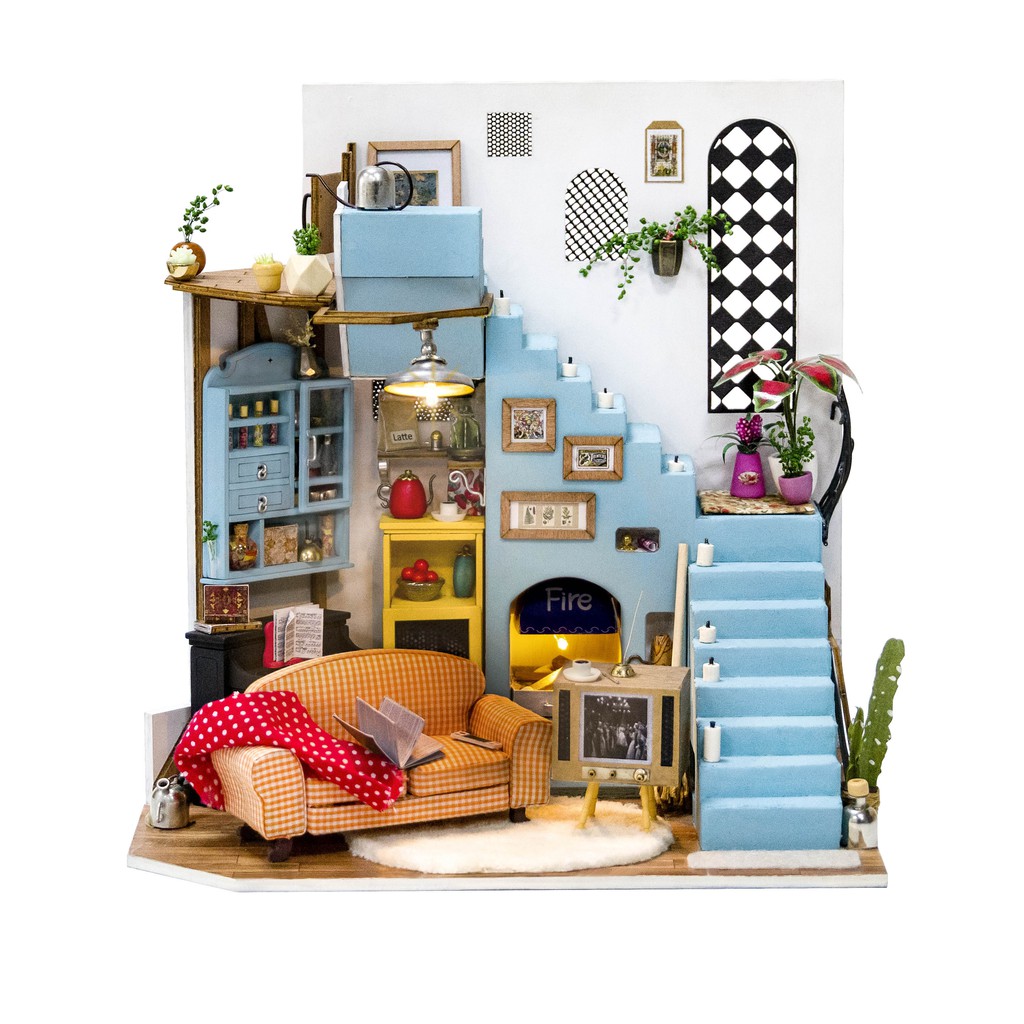 Nhà lắp ghép DIY Dollhouse bằng gỗ Mẫu Living Room Robotime tặng kèm bộ dụng cụ lắp ráp, keo silicon, đèn Led