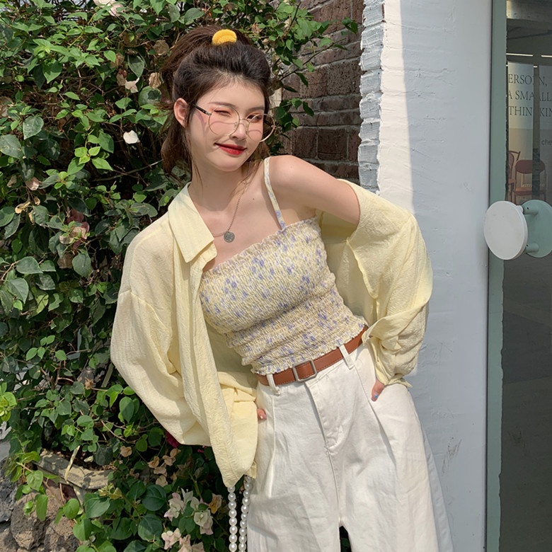 SUXI Set Áo Sơ Mi Tay Dài Màu Trơn + Áo Hoa Hai Dây Thời Trang Mùa Hè Cho Nữ