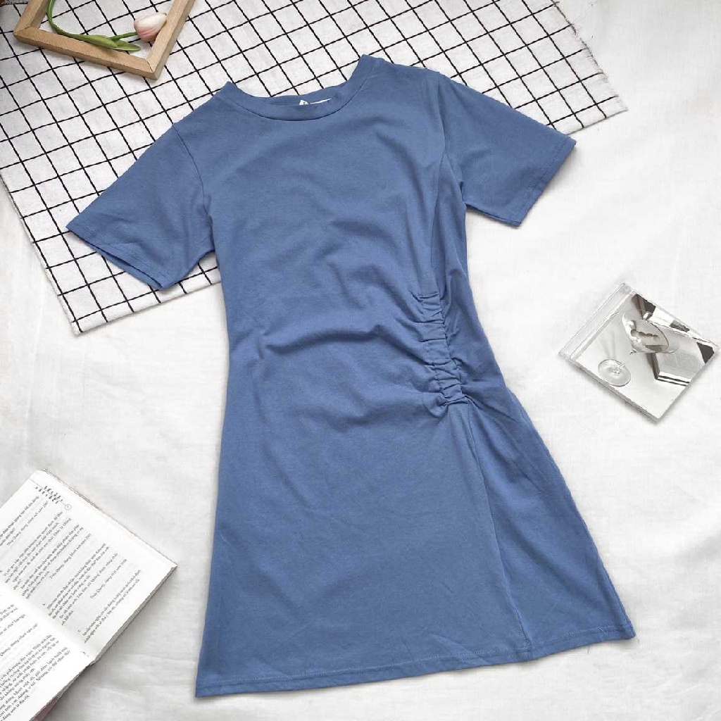 Đầm thun nữ suông tay ngắn, váy rút 1 bên trơn ulzzang hàn quốc 604 thời trang Fmstyle Saigon 21VD07N161901 | BigBuy360 - bigbuy360.vn