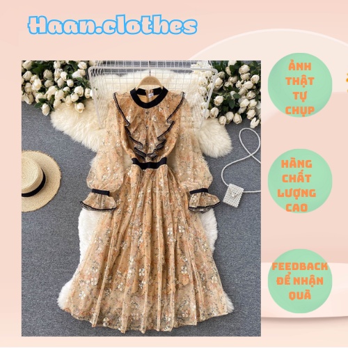 Đầm tay dài cổ tích màu nâu nhạt váy cổ tích phong cách retro thêu lưới đủ size