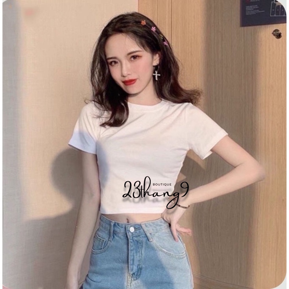 Áo croptop nữ cổ tròn áo ôm body tay ngắn chất vải dày dặn croptop trơn dáng basic đen trắng cá tính sexy 23thang9