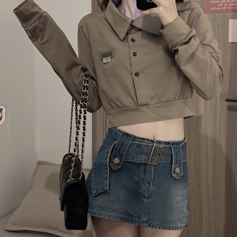 Áo Lửng Nữ Dài Tay Cổ Bẻ Trễ Vai Thời Trang Hàn