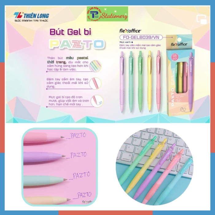 Bút gel bi Pazto Thiên Long mực xanh, nét 0.6 màu cán pastel, tay cầm có đệm cao su, ngòi trơn đều mực GelB 039