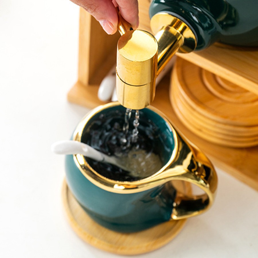 Bộ bình trà chum sứ ☘𝑪𝑨𝑶 𝑪𝑨̂́𝑷☘ Bộ trà chum sứ xanh cổ vịt viền vàng dung tích 3l phong cách Bắc Âu sang trọng
