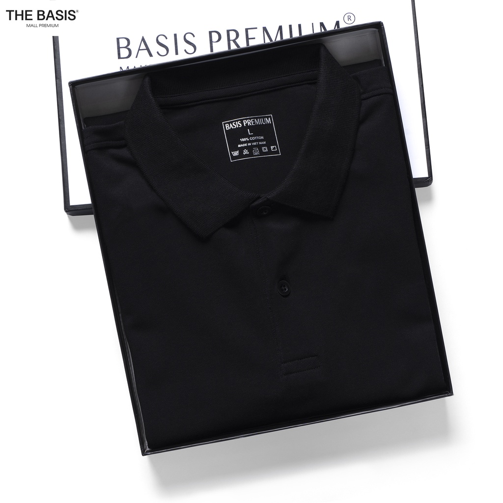 Áo thun Polo nam trơn Basis màu đen, chất cotton cá sấu, thoáng mát, form regular APL22