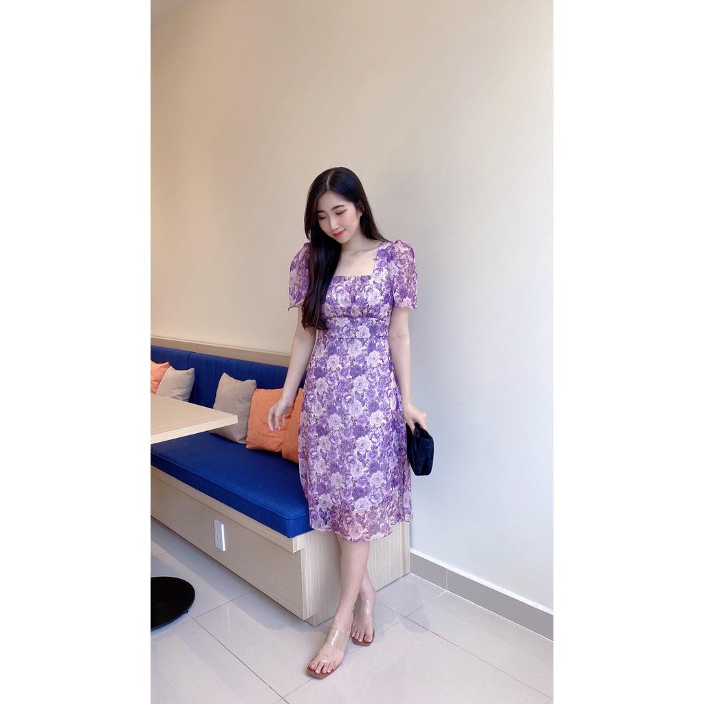 đầm váy nữ thiết kế cổ vuông tay phòng dáng xòe trẻ trung