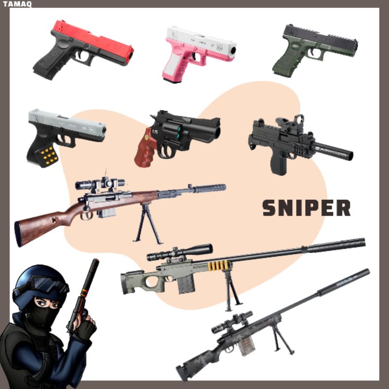 Đồ chơi mô hình cho bé Nerf bắn xốp văng Shell cao cấp an toàn glock m24 zp5 amw k98 Uzi A.k47 kèm phụ kiện laze đèn pin