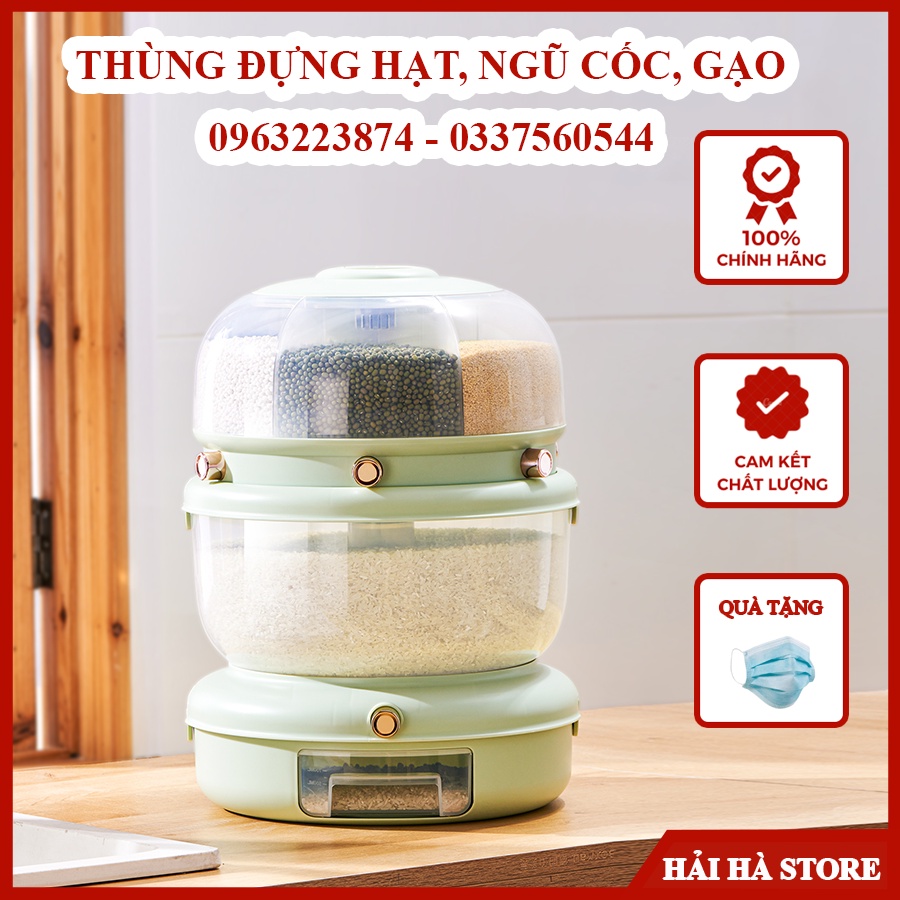 Thùng đựng hạt, ngũ cốc, đựng gạo 6 ngăn, xoay 360 độ thông minh, dung tích 9kg, chất liệu nhựa PP cao cấp