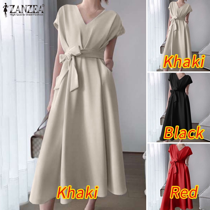 Đầm dài ZANZEA tay ngắn cổ chữ V thời trang tùy chọn màu sắc cho nữ
