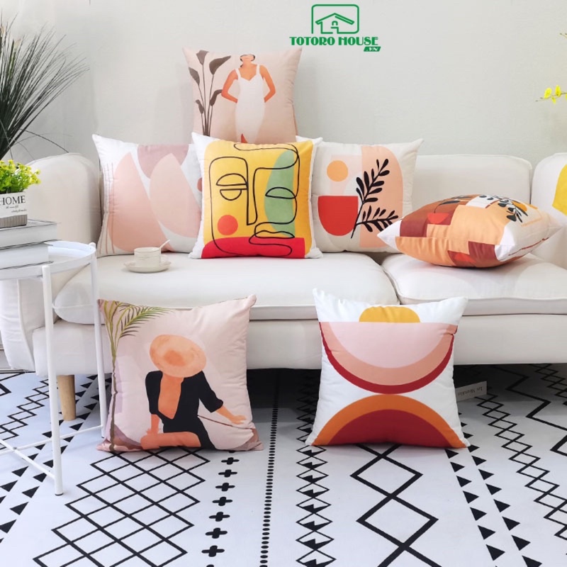 Vỏ gối sofa 2 mặt TOTORO HOUSE bao áo gối vuông tựa lưng nhung mịn phong cách Bắc Âu size 45x45cm VG10