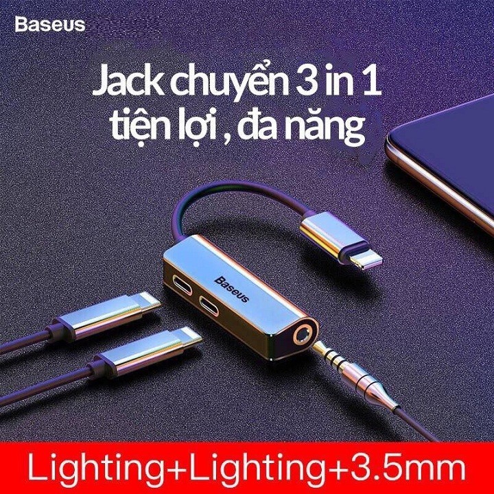 Jack chuyển đổi tai nghe iphone lightning sang 3 5mm có mic cho iphone 3in1 Baseus L52 chính hãng, hỗ trợ game thủ pubg