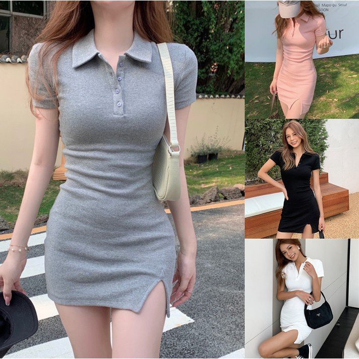 Váy polo trơn xẻ tà nữ ⚡ Casper.Store | FREESHIP | ⚡ Đầm ôm body dáng ngắn cổ sơ mi cộc tay Ulzzang