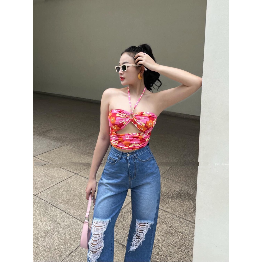 QUẦN JEANS ỐNG RỘNG NỮ LƯNG CAO RÁCH 2 CÀO CHỮ NHẬT ĐÙI MÀU XANH ĐẬM PHỐI PHUN THỜI TRANG LAI CUỐN DÀY DẶN PHÁ CÁCH HADI