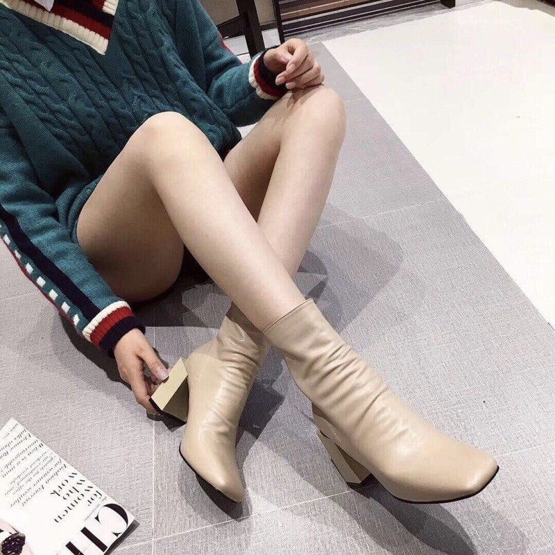 Giày Boots khóa kéo nữ SNU12 cao cổ da PU cổ lửng đế độn đế to bự đơn giản phong cách cá tính đi chơi đẹp